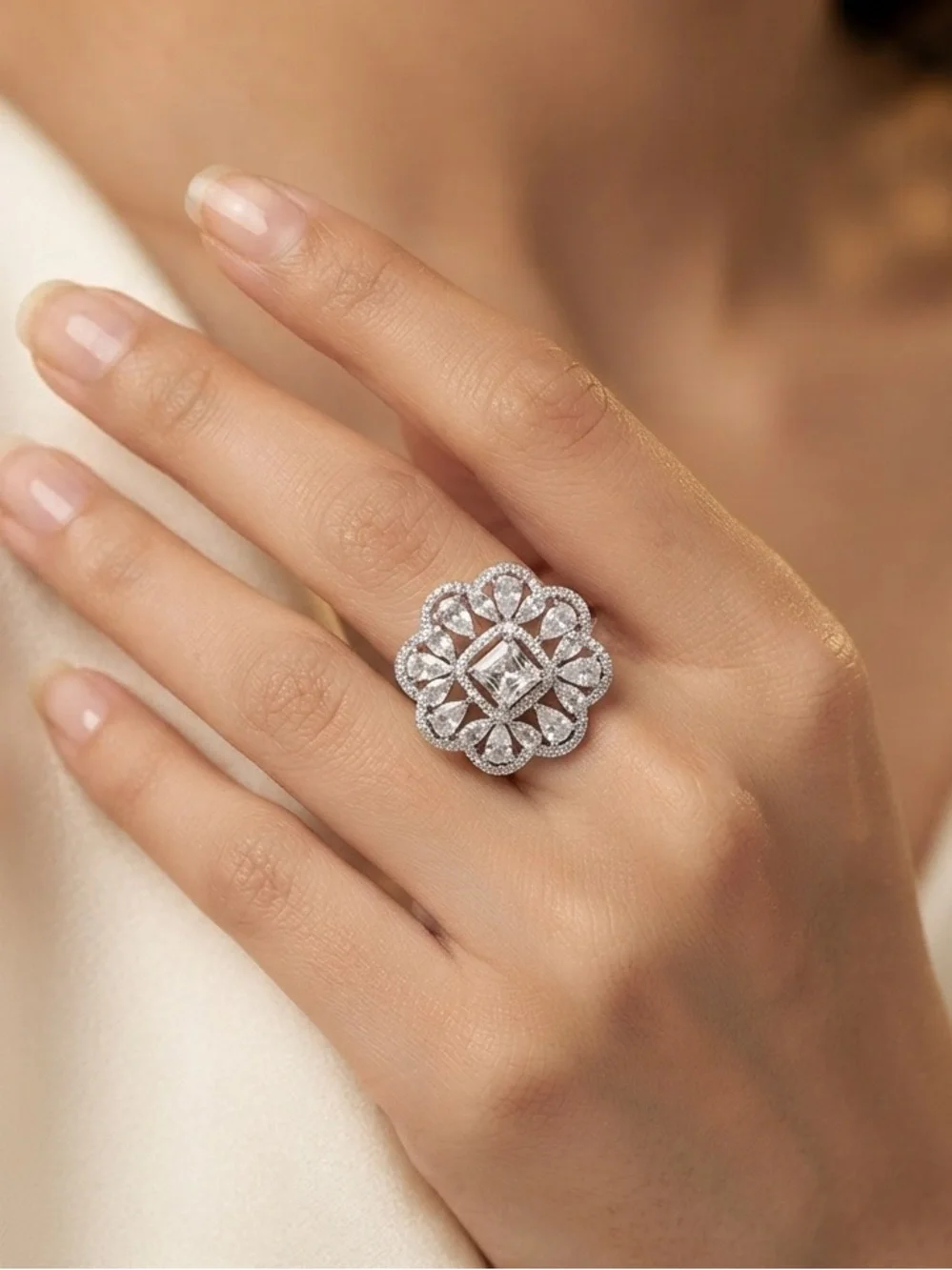 Royal Bloom American Diamond Cocktail Ring | Floral Halo Statement Ring